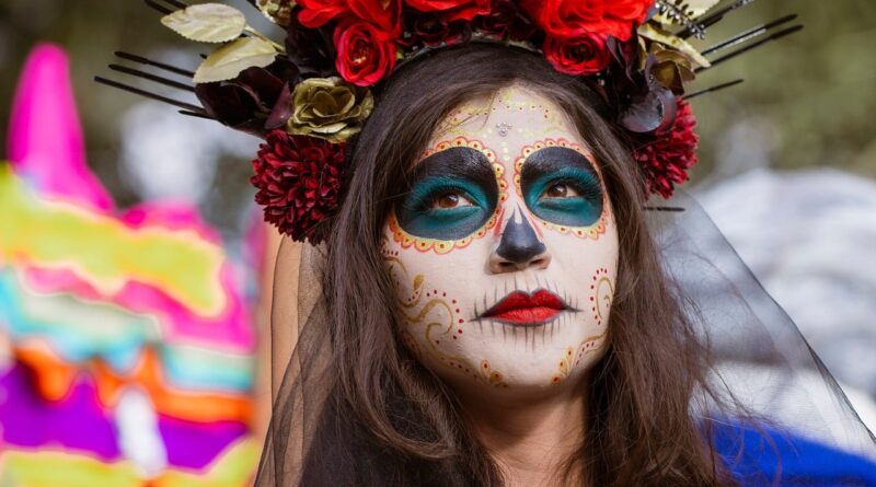 makeup, woman, day of the dead, traditional, flower crown, red, black, festival, costume, face, face painting, red rose, thorn crown, headpiece, painting details, masquerade, elaborately decorated, cultural festival, carnival, art