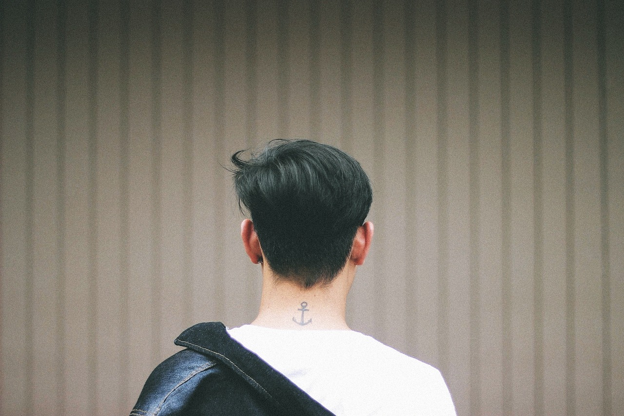 guy, man, people, tattoo, back, wall, denim, earrings, fashion