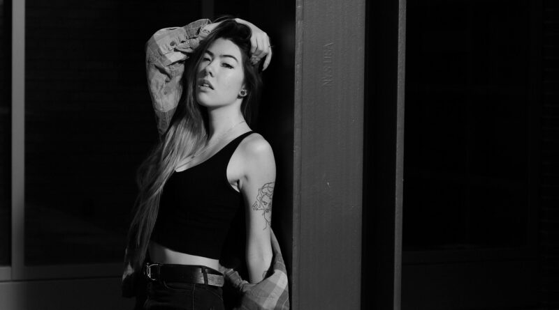 woman, model, tank top, casual, tattoos, style, fashion, black and white