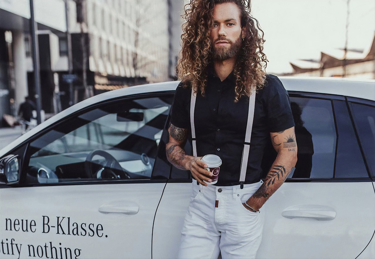 man, guy, car wallpapers, coffee cup, long hair, suspender, mercedes benz, white car, car, male, young, coffee, cup
