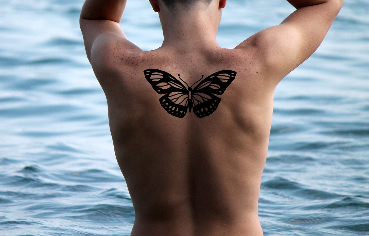 man, the back, tattoo, butterfly, distance, water, sea, ocean