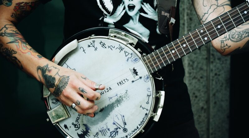 musical, instrument, music, string, hand, finger, blur, guitar, dark, arm, tattoo
