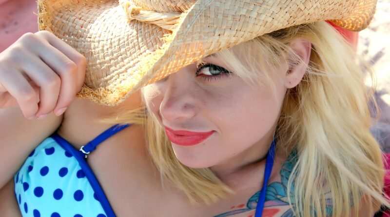 woman, blonde, hat, bikini model, bikini, model, female, girl, swimsuit, swimwear, sunbathing, bathing suit, portrait, young woman