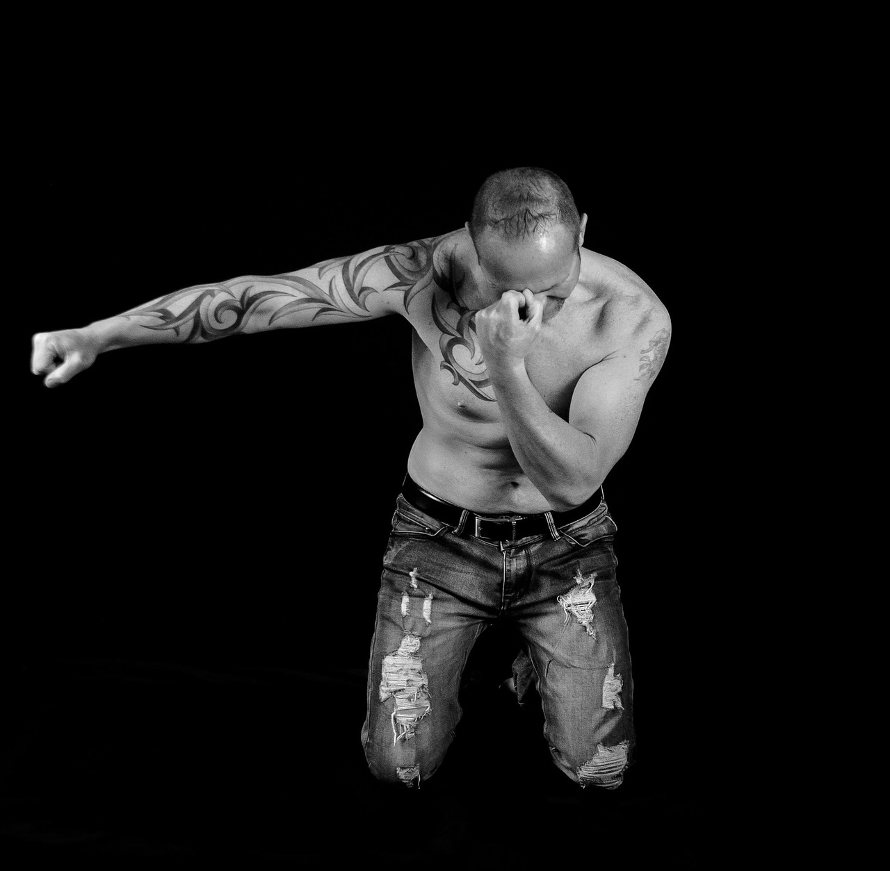 man, tattoo, sitting, black and white, boy, male
