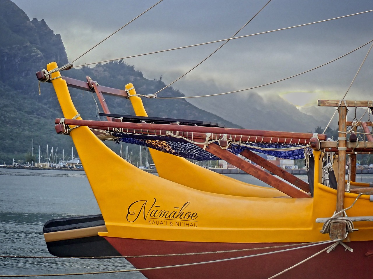 boat, polynesian, twin structure, traditional, harbor, mountains, nature, mooring, sea