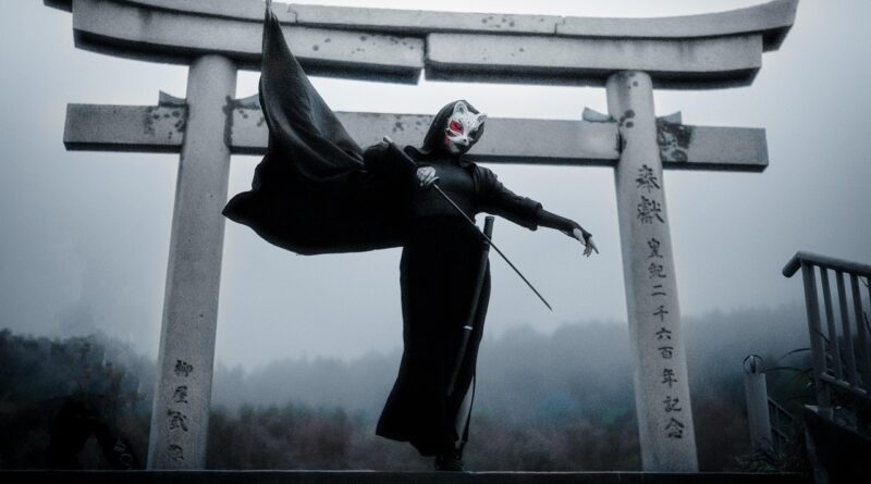 torii, traditional japanese gate, sakhalin, sword, warrior, cloak, cosplay, black and white, sword, sword, warrior, warrior, warrior, warrior, warrior, cosplay, cosplay