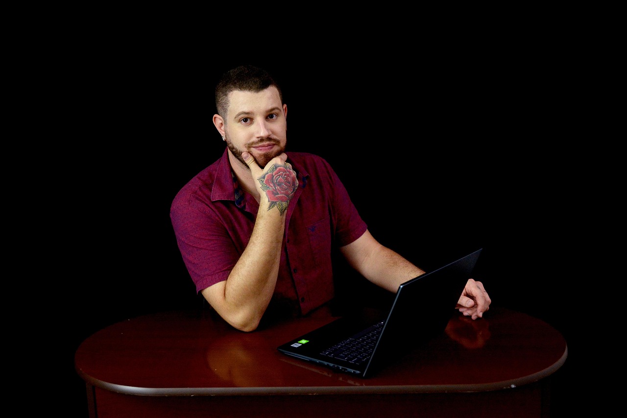 man, model, portrait, pose, tattoo, style, laptop, fashion, posing, young man, boy, modeling, male, man portrait