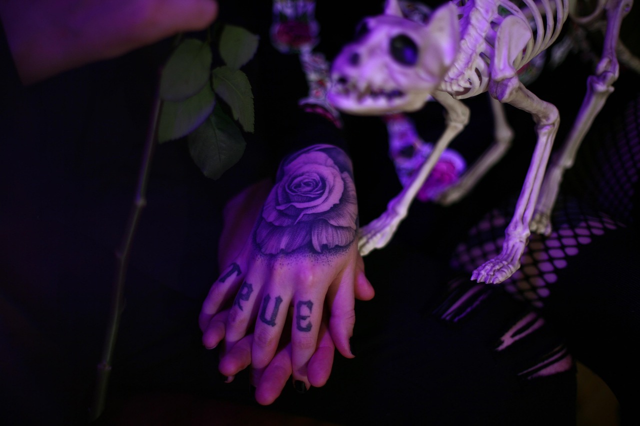 tattoo, hands, scary, rose tattoo, mood, bones, skeleton