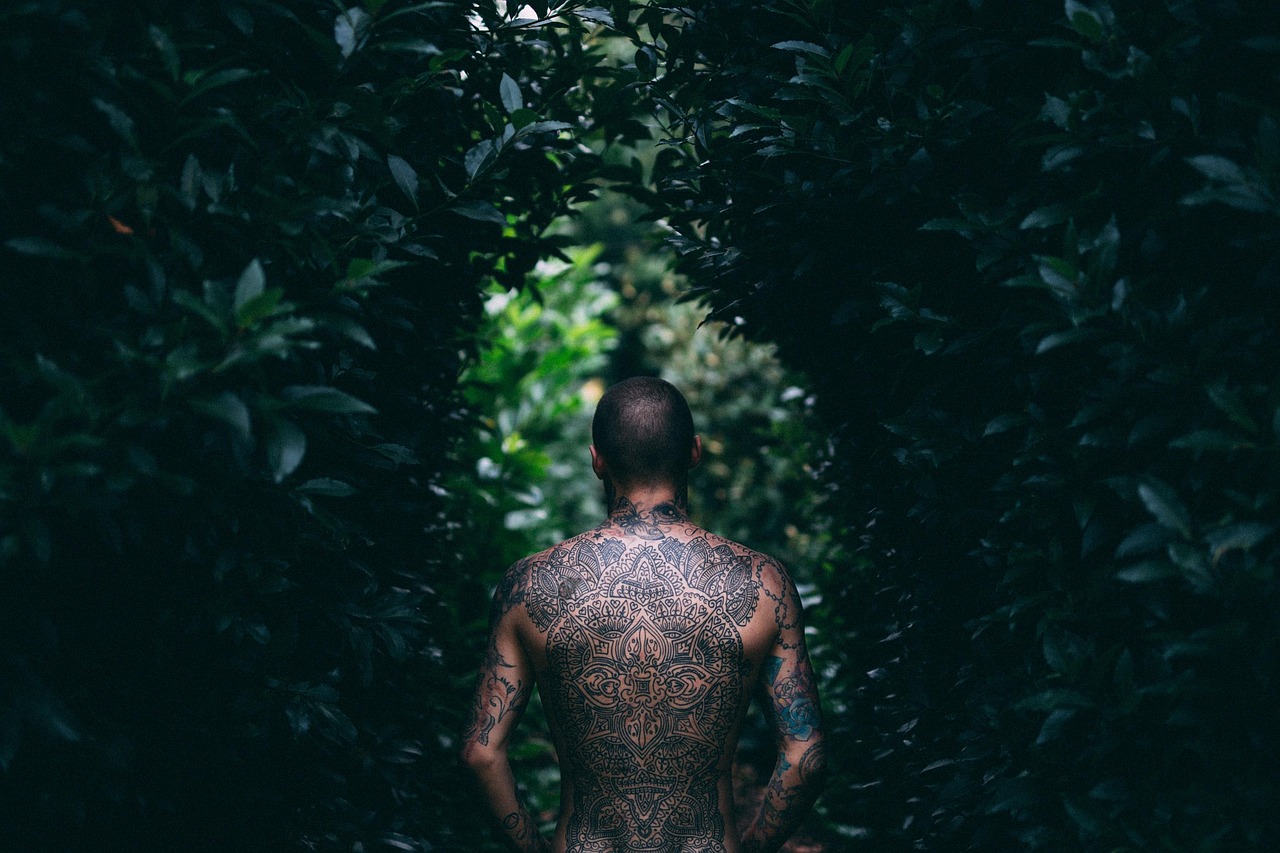 adult, art, back view, bald, dark, leaves, man, model, outdoors, plants, nature, tropical, black art, black model, black plant, black leaf, black dark, black leaves, black plants