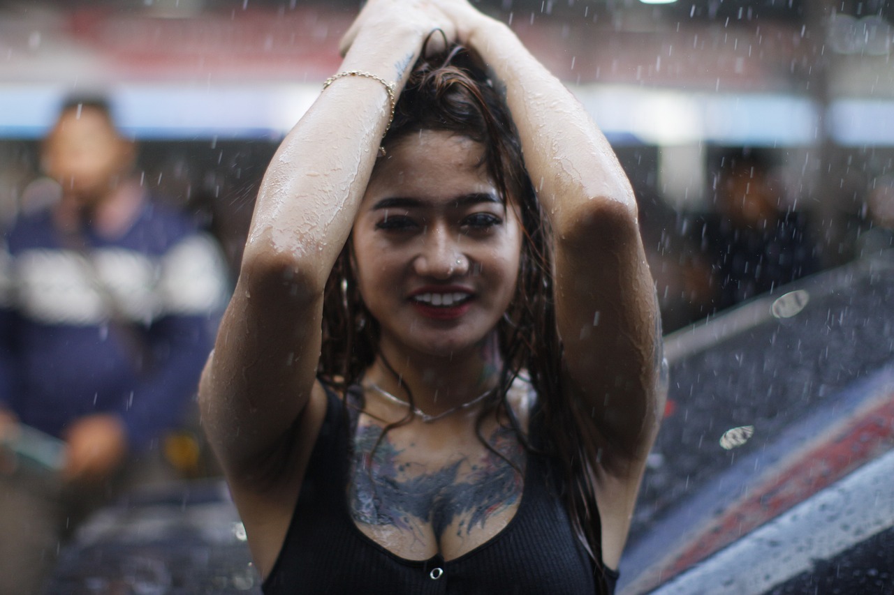 woman, model, pose, rain, smile, fun, water, tattoo, female, body, nature, young, adult, skin, glamour