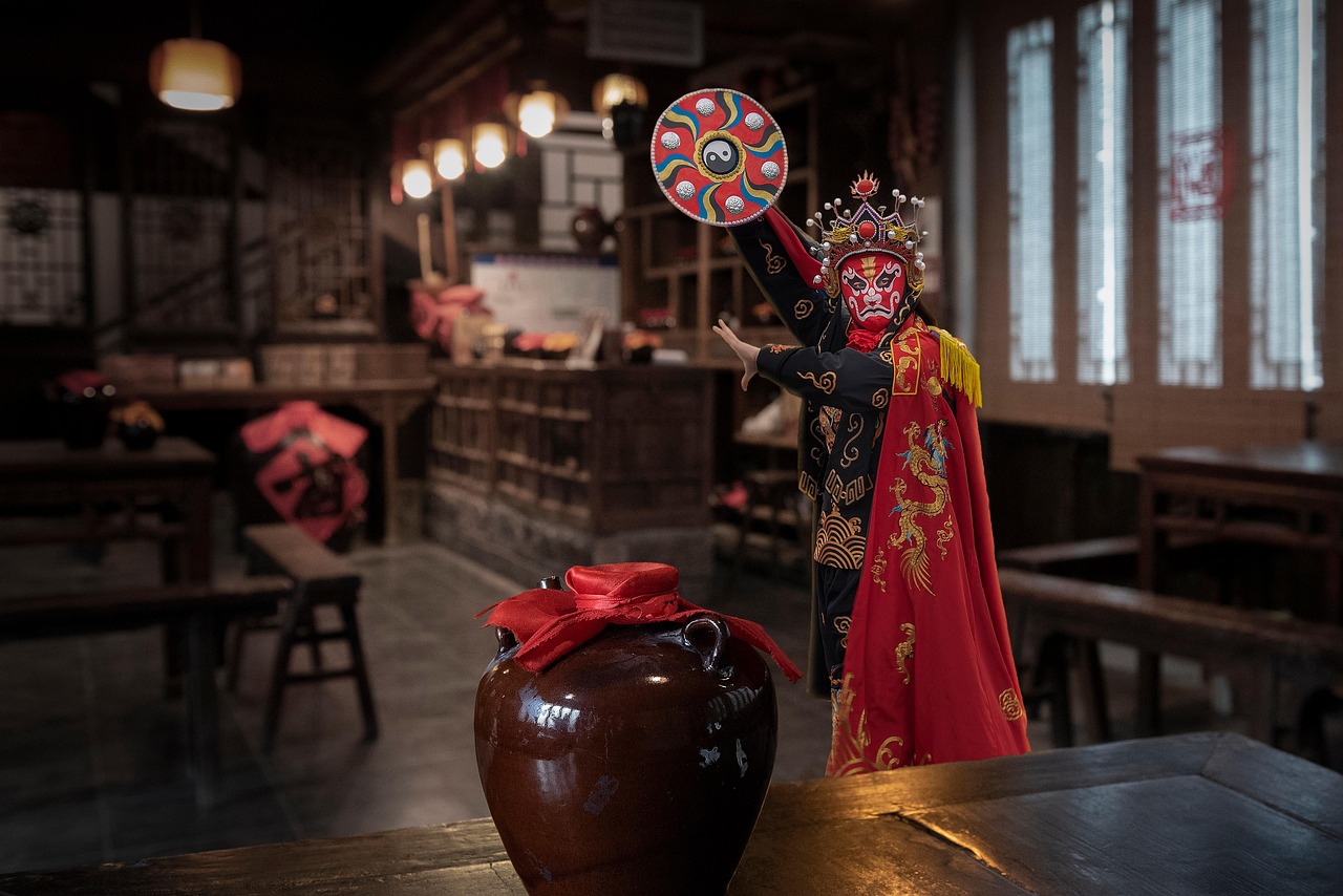 drama, performance, winery, painted face, chinese wine jar, costume, performer, traditional, culture, chinese, drama, drama, drama, drama, drama