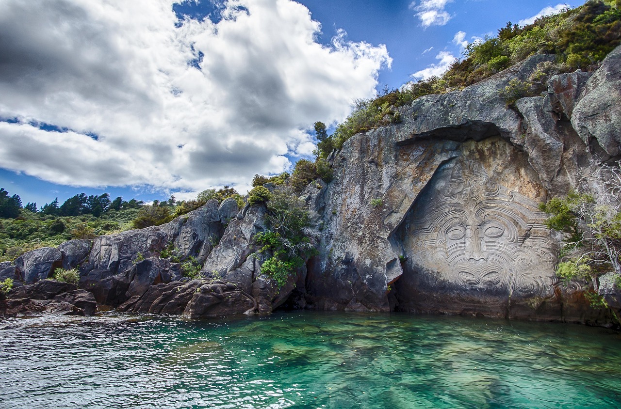 new zealand, mural, maori, nature, rock, water, sea, relief