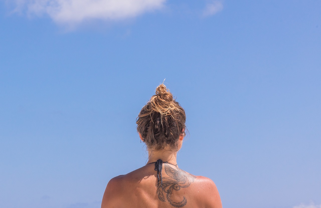 summer, sunny, day, blue sky, blue, sky, people, woman, girl, back, nature, body, tattoo, swimming, adventure, travel, blue body