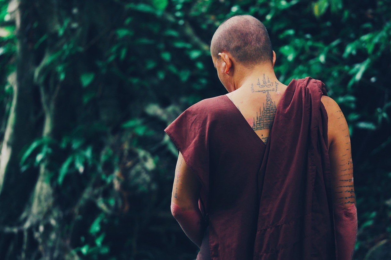 monks, tattoo, back, plant, tree, leaves, nature, arts, green
