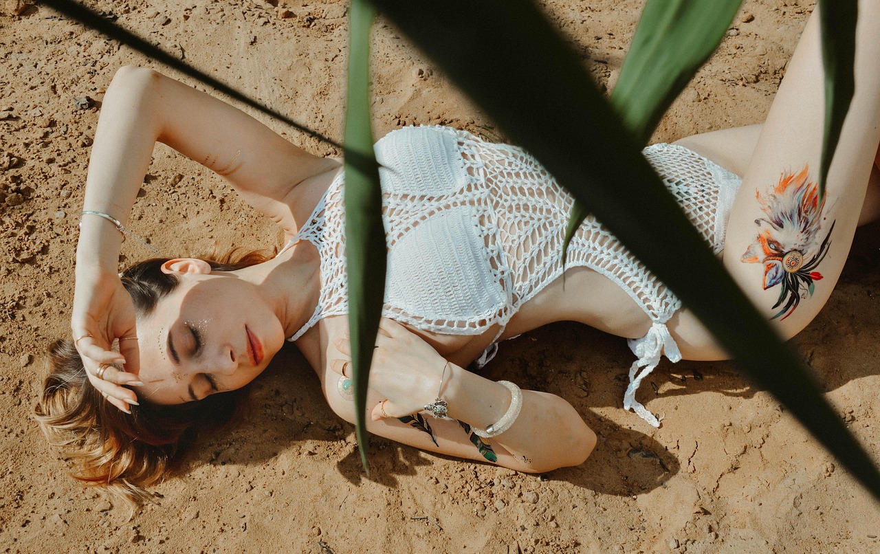 beach, woman, young woman, sand, sea, islands, vacation, resort, travels, summer, sun, ocean, nature, happiness, freedom, seaside, figure, tattoo, relaxation