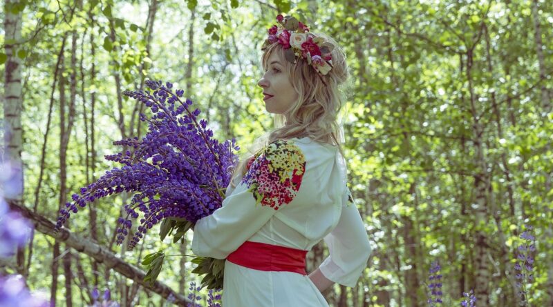 russian, russian folk costume, folklore, costume, tradition, beautiful flowers, folk, ethnic, national, russia, russians, russian girl, flower wallpaper, russian woman, traditions, traditional culture, bouquet, lupins, flower, flower background, nature, birch