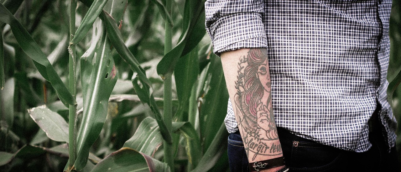 clothing, fashion, man, people, tattoo, art, arm, green, plants, crops, field, green fashion, nature, green art, green clothes