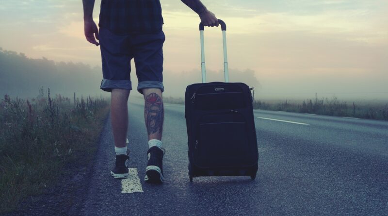 hiker, traveler, trip, travel, man, goes, nature, suitcase, tattoos, tattoo, shorts, sunrise, road, hike, sky