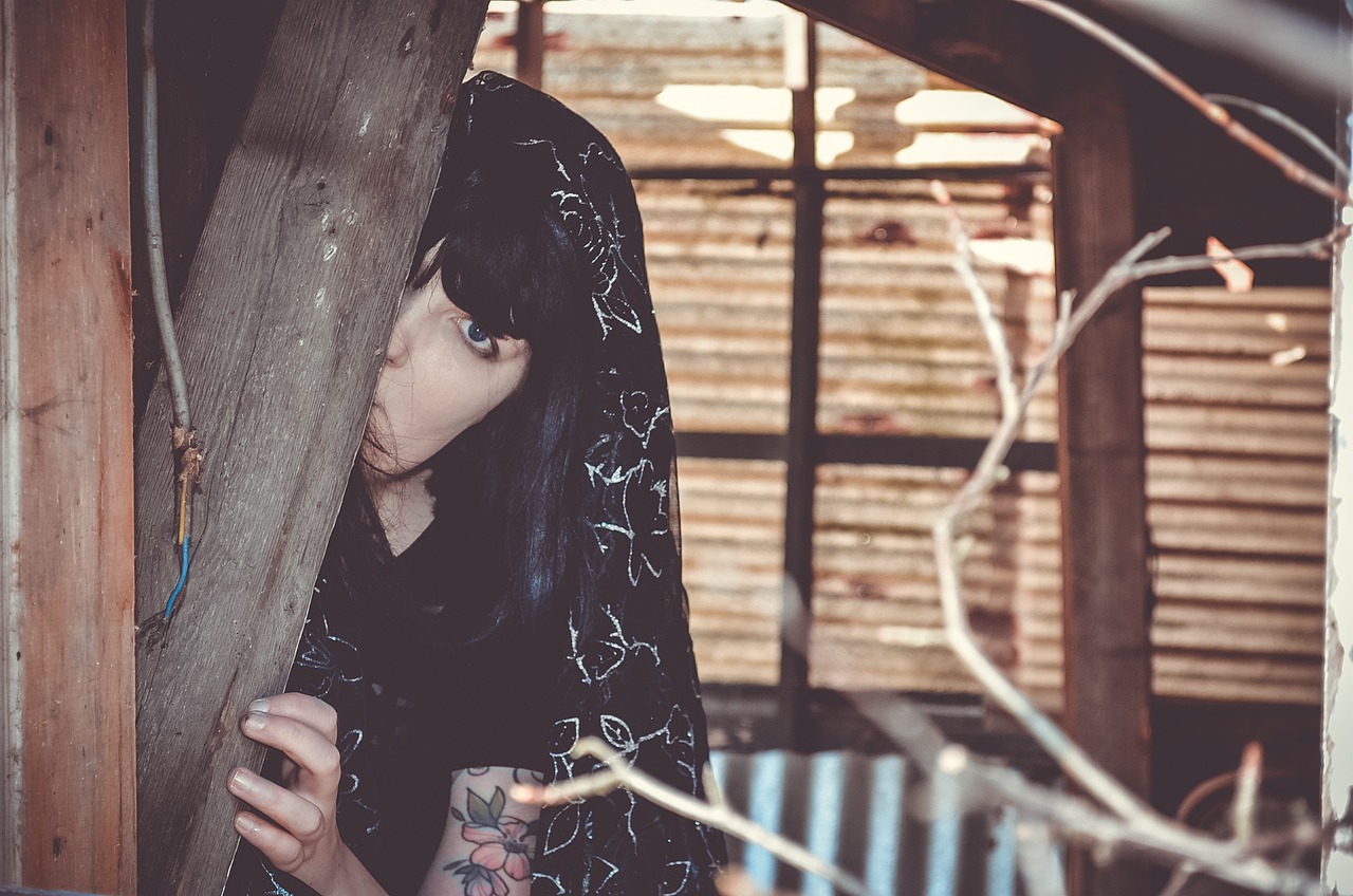 woman, face, eye, veil, black, hovel, hand, tattoo, look, pale, peek-a-boo