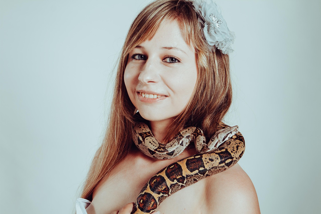 boa, snake, woman, with a snake, lovely, portrait, young, young woman, model, fashion, girls, smile, unusually, nature, animals, reptile