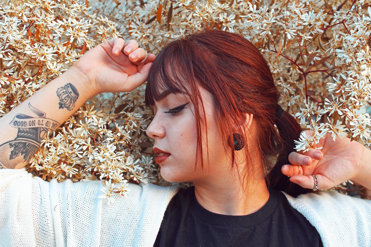 girl, woman, red-haired, red hair, flowers, nature, flower wallpaper, tattoo, makeup, flower background, model, beautiful flowers, spring, flowery, fringe, hair, tattooed