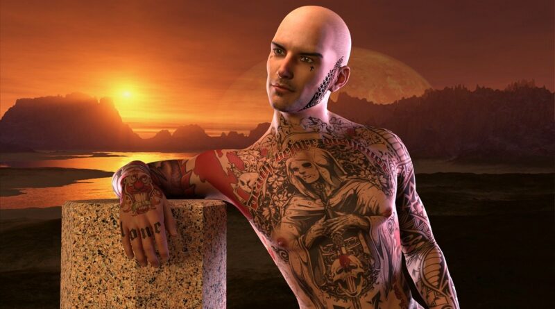 man, extravagant, nature, tattoo, sunset, peeled, contemplation