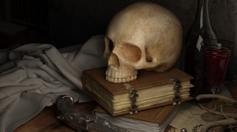 skull, dark, pirate, books, gun, dead, stacked