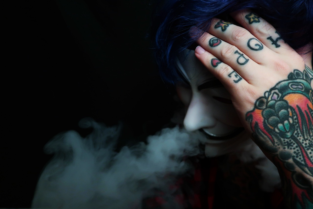 smoking, mask, tattoo, man, person, alternative model, human, portrait, tattoo, tattoo, tattoo, tattoo, tattoo
