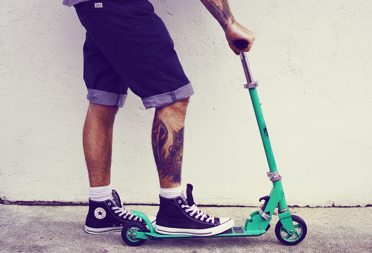 scooter, man, boy, tattoos, tattooed, shorts, sneakers, sports shoes, converse, scooter, scooter, scooter, scooter, scooter